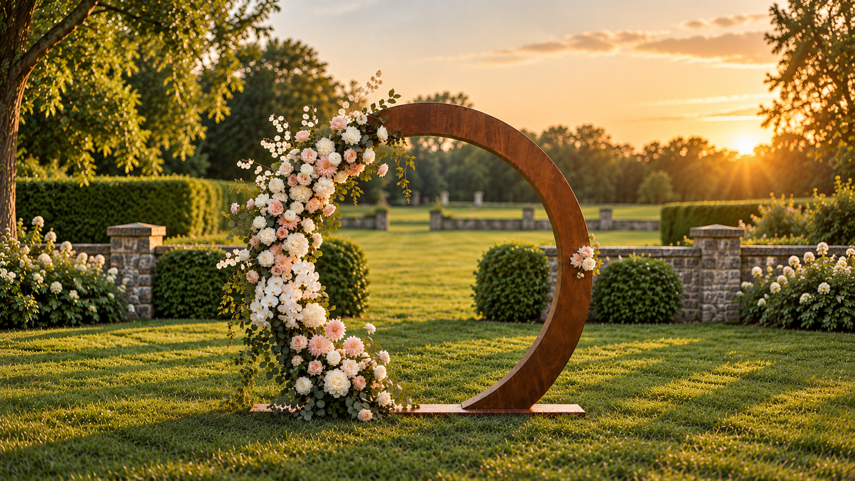 Circular dark walnut ceremony arch with cascading floral arrangement, open threshold and full base — complete structure visible