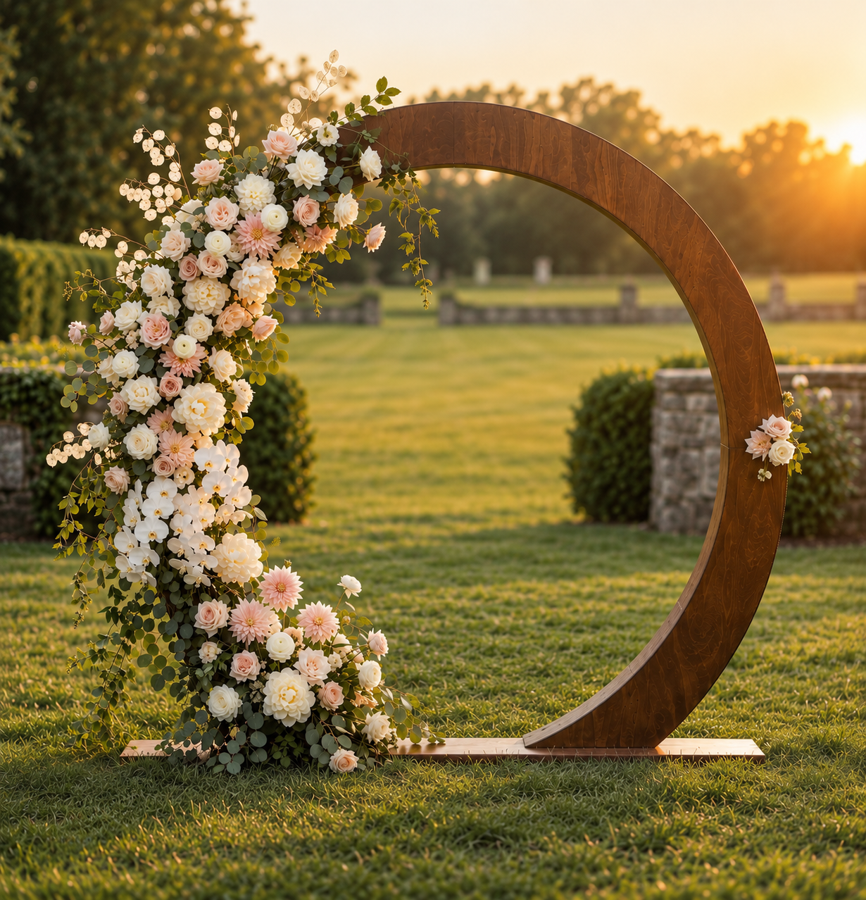 Circular dark walnut ceremony arch with cascading floral arrangement, open threshold and full base — complete structure visible