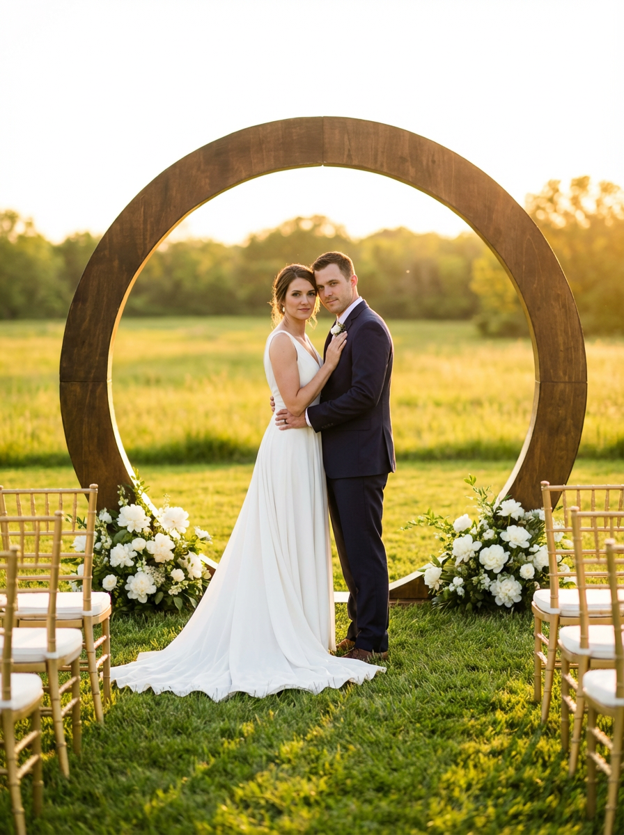 Bride and groom embracing beneath the circular wooden ceremony arch in an open field at golden hour