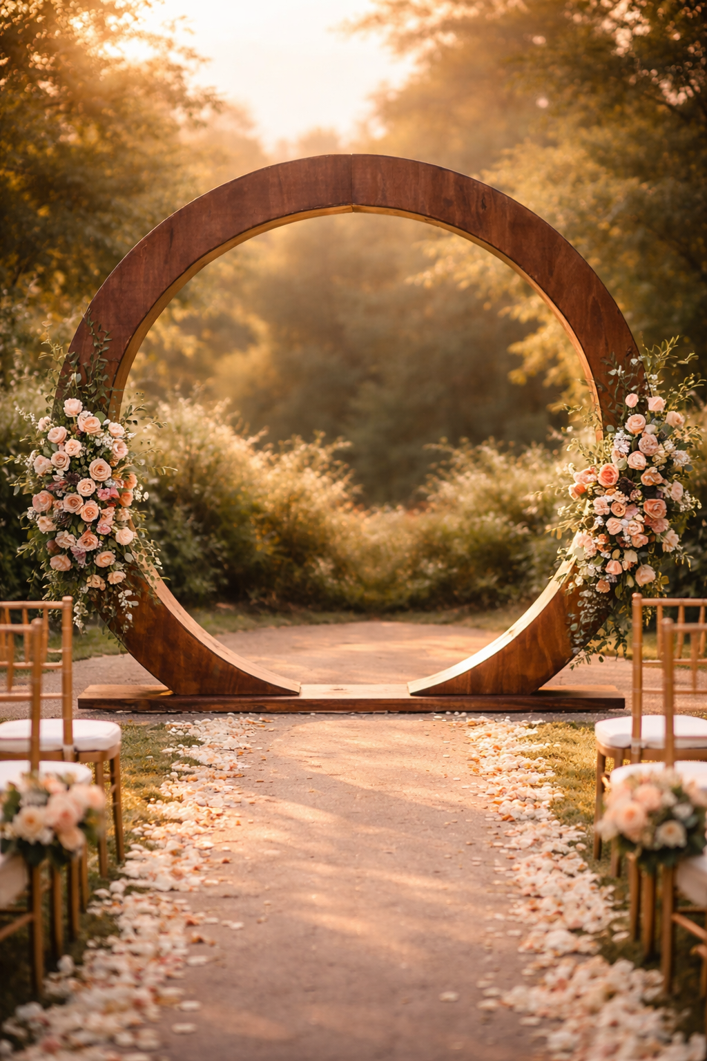 Dark walnut circular ceremony arch — full view showing unbroken circular form, open base, and extended platform